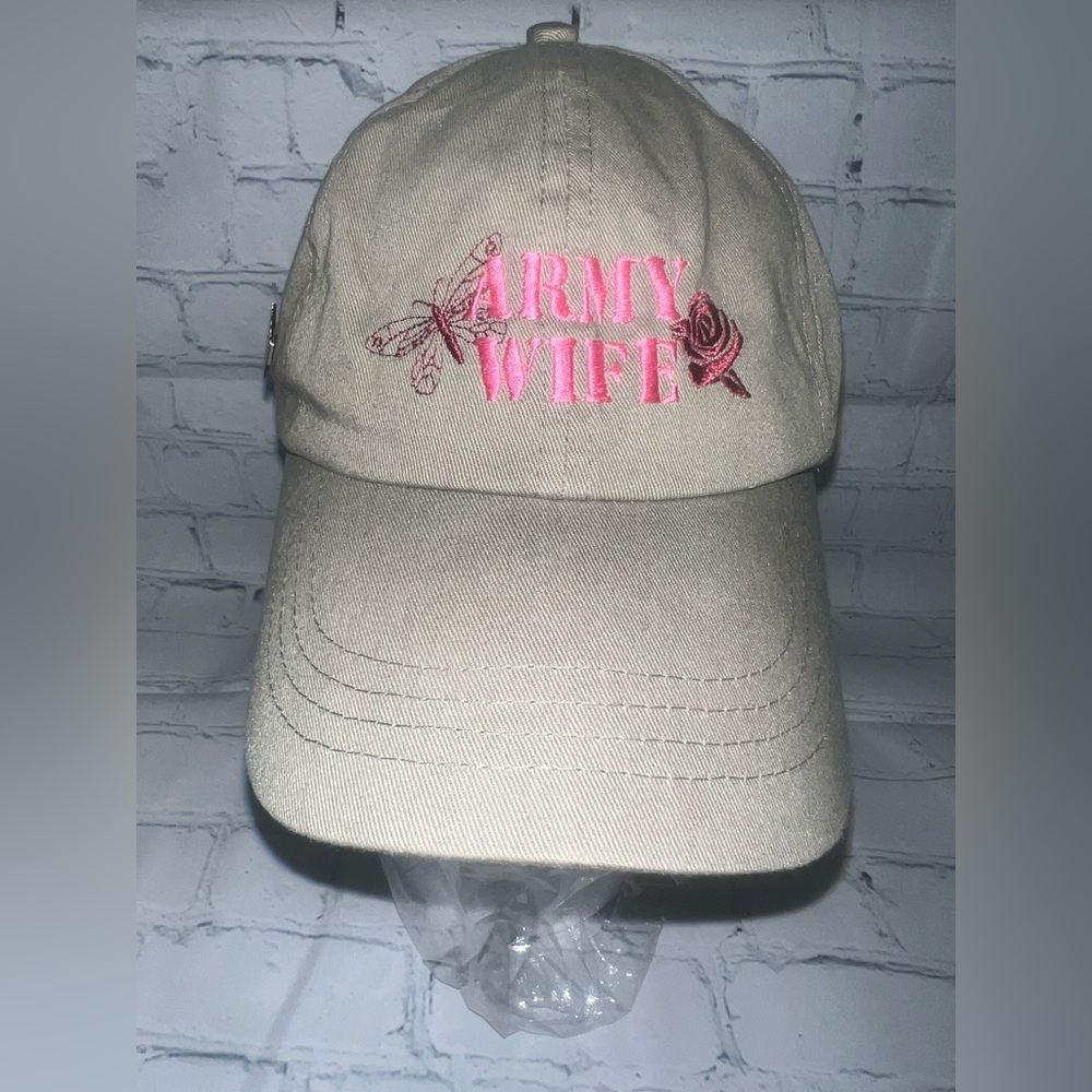 Tan 'Army Wife' Cap with Pink Embroidery
